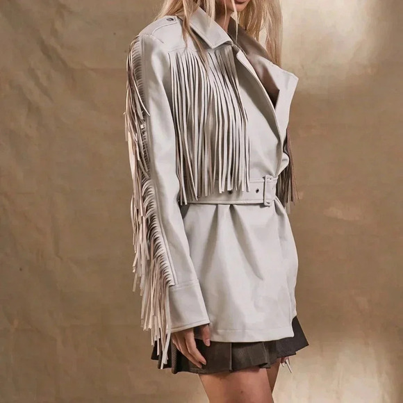 Beige Casual Women's Western Boho Fringe Woven Fabric Jacket - Picture 2 of 5